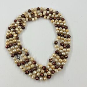 Freshwater Pearl Necklace Hand Knotted Sterling Clasp Brown & Cream 62” Long